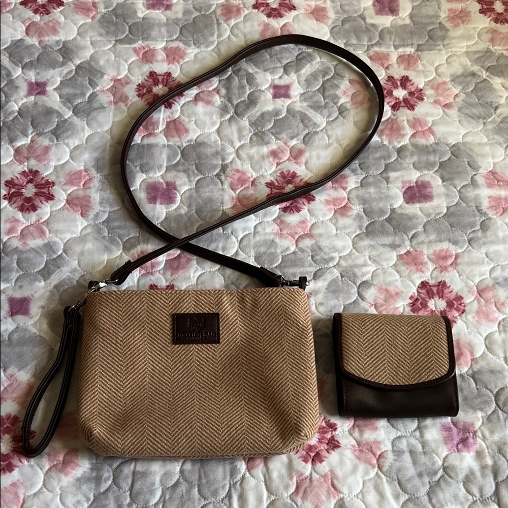 British Bag Company Tan and Brown Purse and Wallet Set Herringbone Wool NWOT